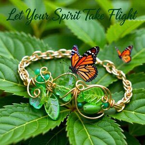 Whimsical Spring Bracelet - Green Leaves Butterflies Flowers! Uniquely Handmade